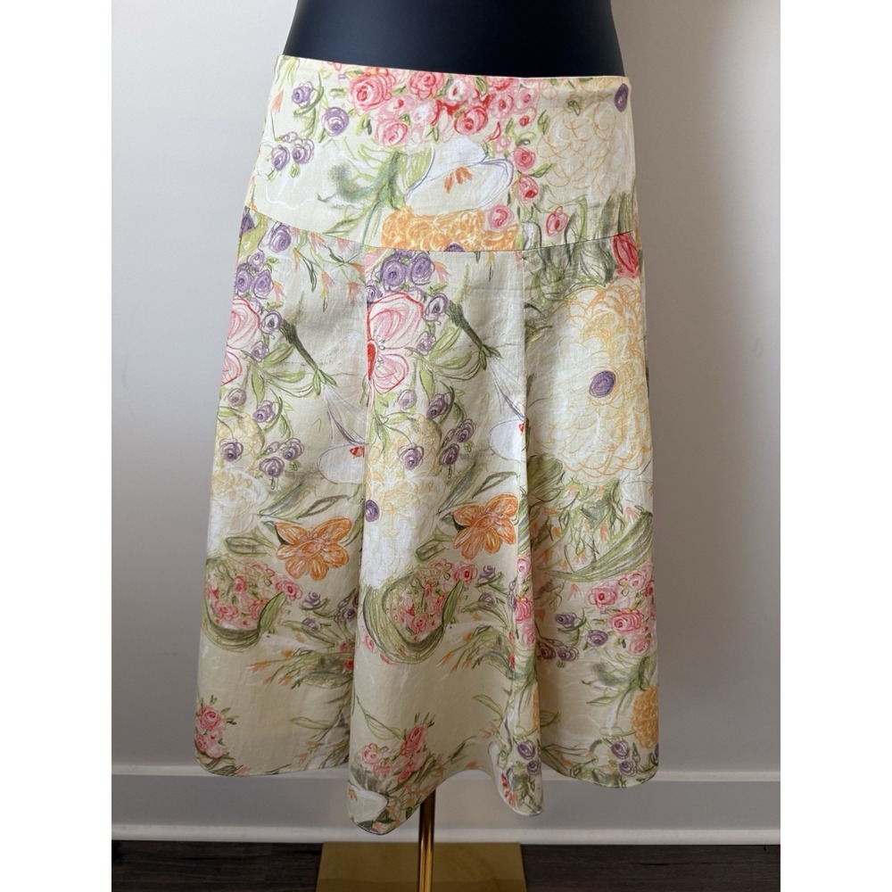 Andre Oliver Women's 8 Floral Linen A-Line Pleated Swing Skirt Drop Waist NWOT